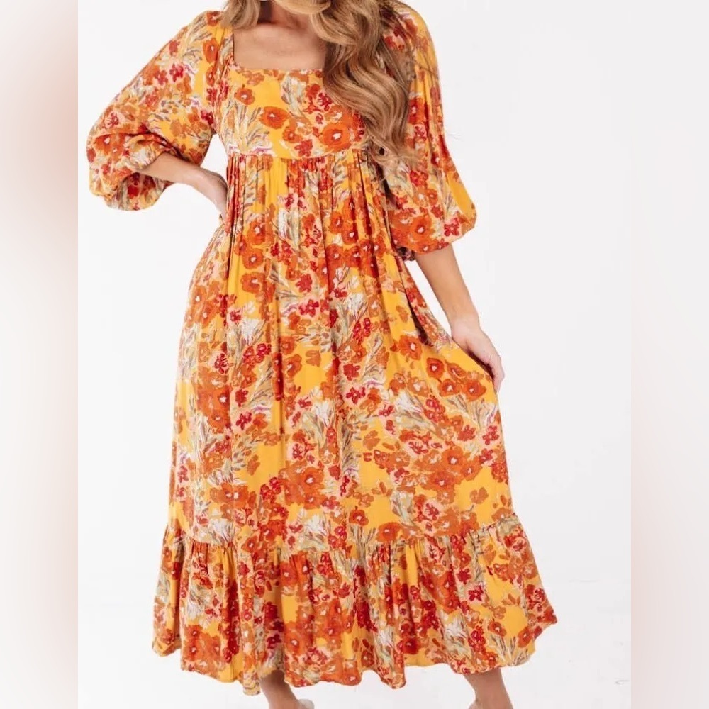 Vestique Whimsical Cottagecore Floral Poppy 3/4 Sleeve Maxi Dress Size Medium